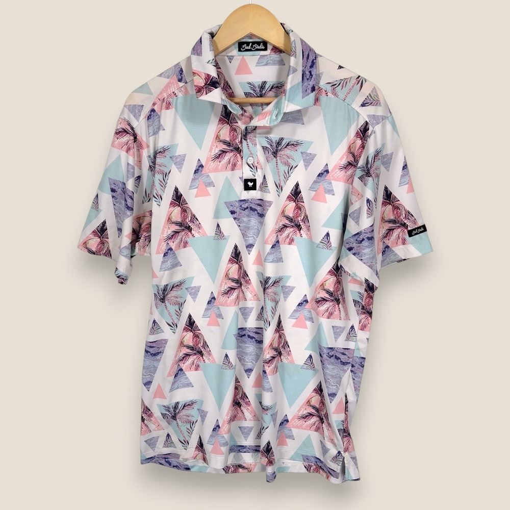 Bad Birdie Performance Polo Shirt Men Medium White Pink Palm Trees Geometric